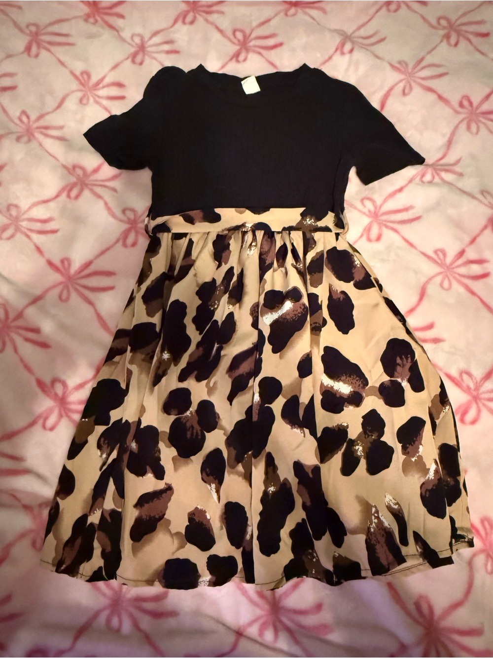 SHEIN Black Top with Beige and Black Leopard Skirt Girls Dress